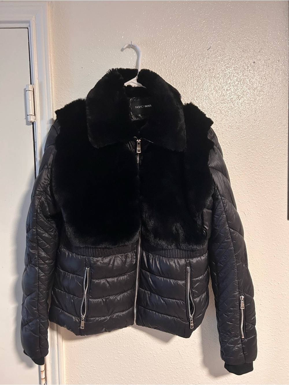 Fashion Nova Black Quilted Faux Fur Bomber Jacket